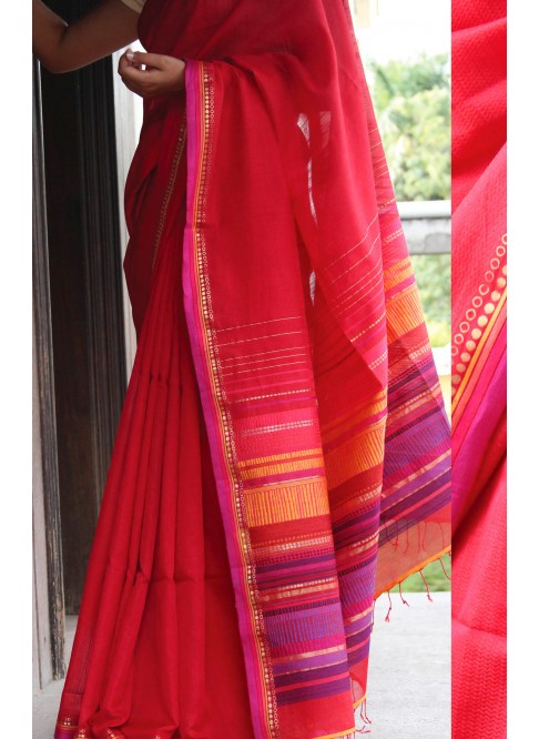 Red, Handwoven Organic Cotton, Textured Weave , Jacquard, Work Wear Saree